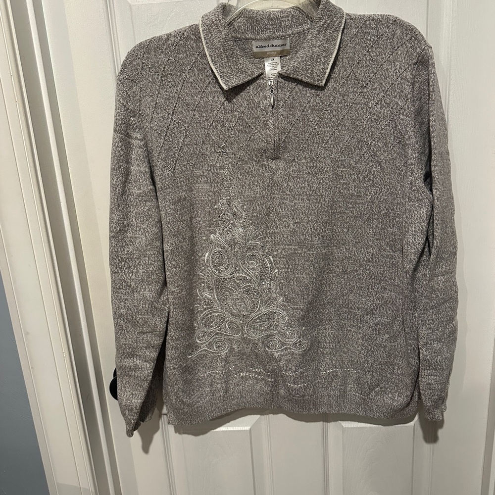 Alfred Dunner Light Gray Collared Quarter-Zip Knit Sweater